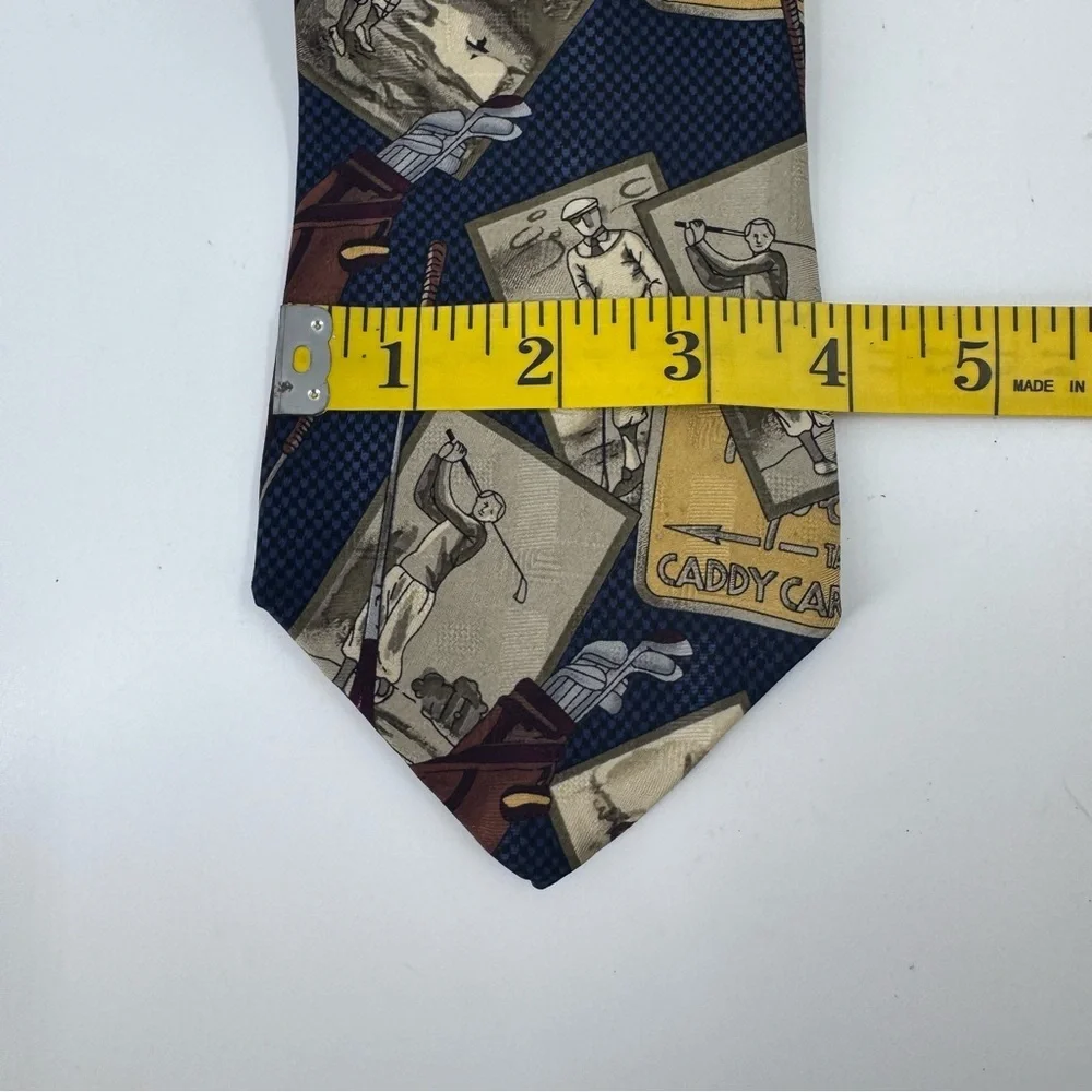 E. Magrath Vintage Golf Tan and Blue Geometric Pattern‎ Tie 100% Silk